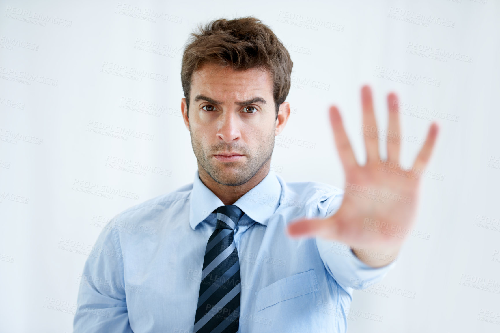 Buy stock photo Businessman, portrait and hands stop for wait, no or halt in gesture, protest or take a stand at office. Man, male person or employee show palm for negative sign, disapproval or disagree at workplace