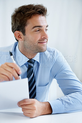 Buy stock photo Business man, thinking and writing on documents for financial report, audit review and asset management in office. Auditor, accountant or manager with decision and signature on paperwork or contract