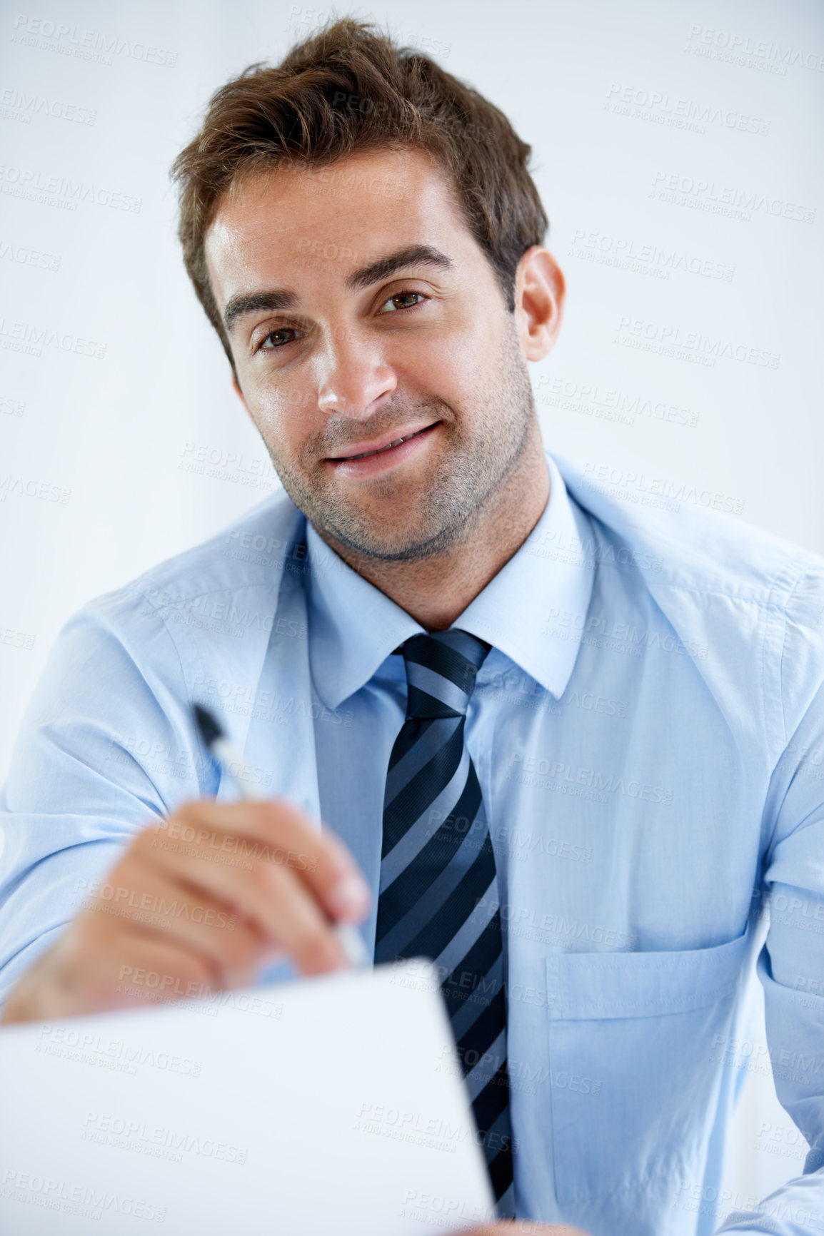 Buy stock photo Business man, portrait and documents or writing information in POV job interview or recruitment meeting in HR. Smile, face and professional employer with documents, resume and CV or hiring contract 