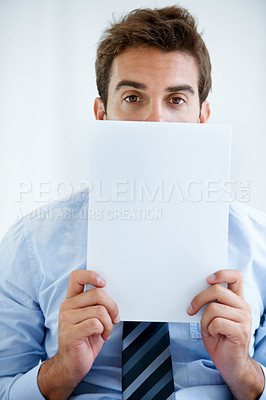 Buy stock photo Portrait, business and man with paper, blank and promotion with mockup space, employee or agent. Face, person or worker with billboard sign, professional or corporate with entrepreneur or opportunity