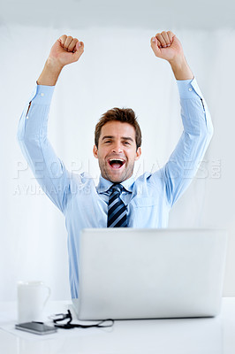 Buy stock photo Business man, winner and computer for trading success, achievement or winning of bonus, sales or profit. Excited portrait of a trader with fist, yes and celebration on laptop and a white background