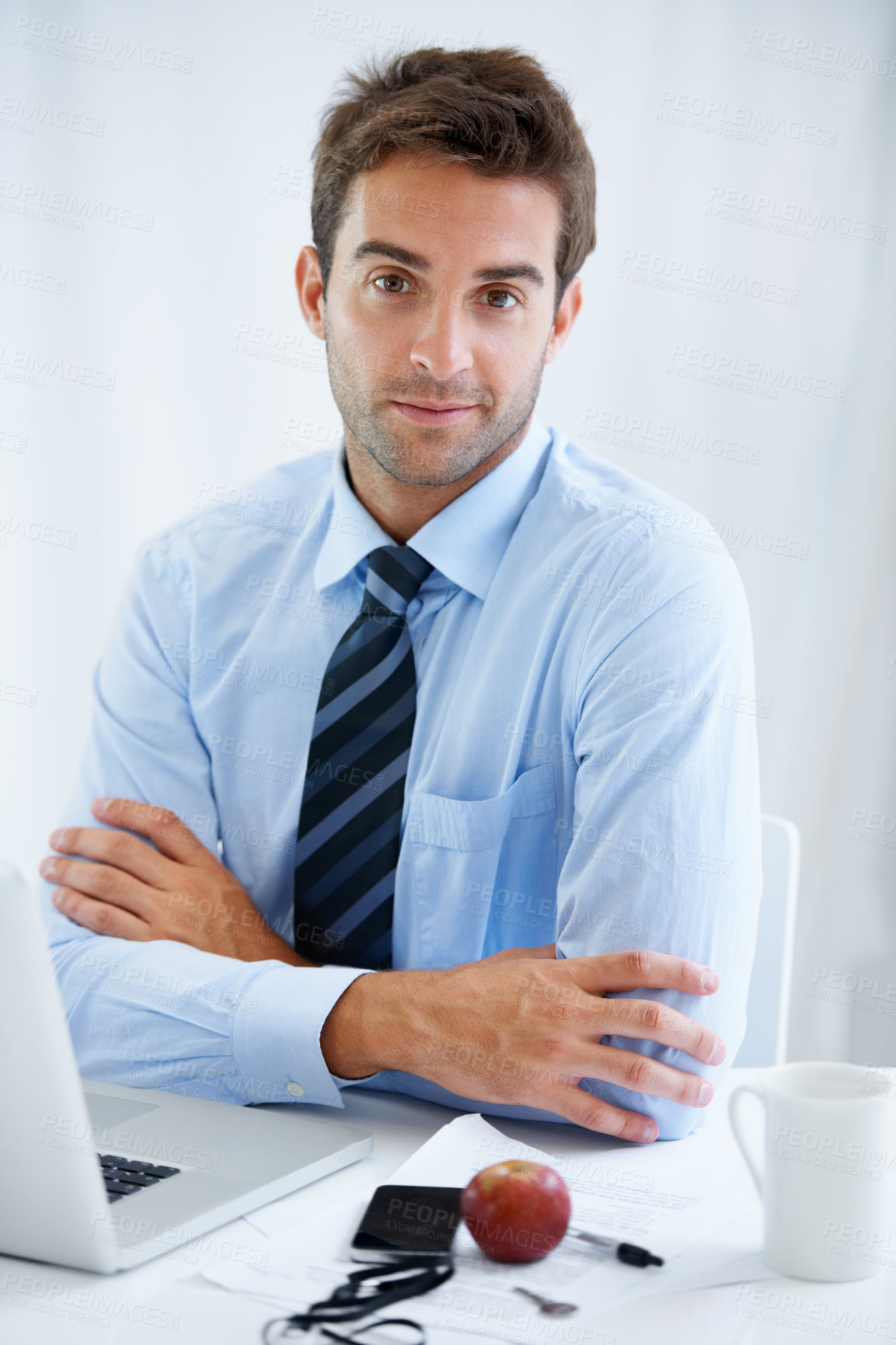 Buy stock photo Business man, confidence and laptop in portrait, and internet for connection, networking and email. Male person,  planning and online research on technology, website and update on project or face