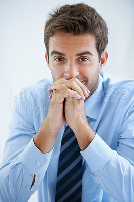 Buy stock photo Happy, office and portrait of business man at desk with confidence, pride and ambition. Corporate, professional employee and face of entrepreneur with ideas for company, career and job in workplace