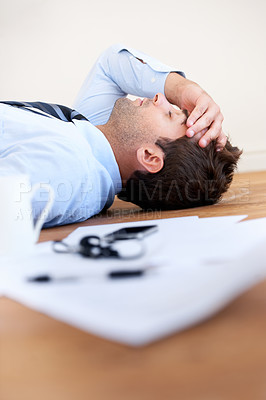 Buy stock photo Business man, stress and headache or burnout, floor and exhausted or mental health, paperwork and overwhelmed. Male person, migraine and tired or frustrated, rest and fatigue for mistake and fail