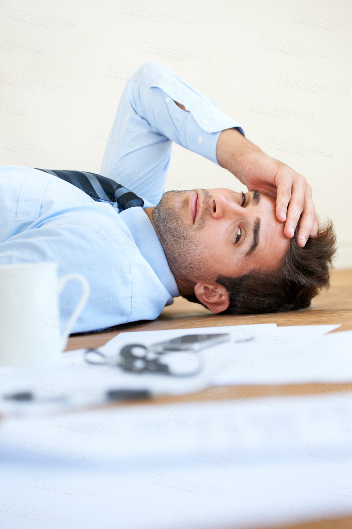 Buy stock photo Business man, stress and headache or mental health, floor and exhausted or burnout, paperwork and overwhelmed. Male person, migraine and tired or frustrated, rest and fatigue for mistake and fail