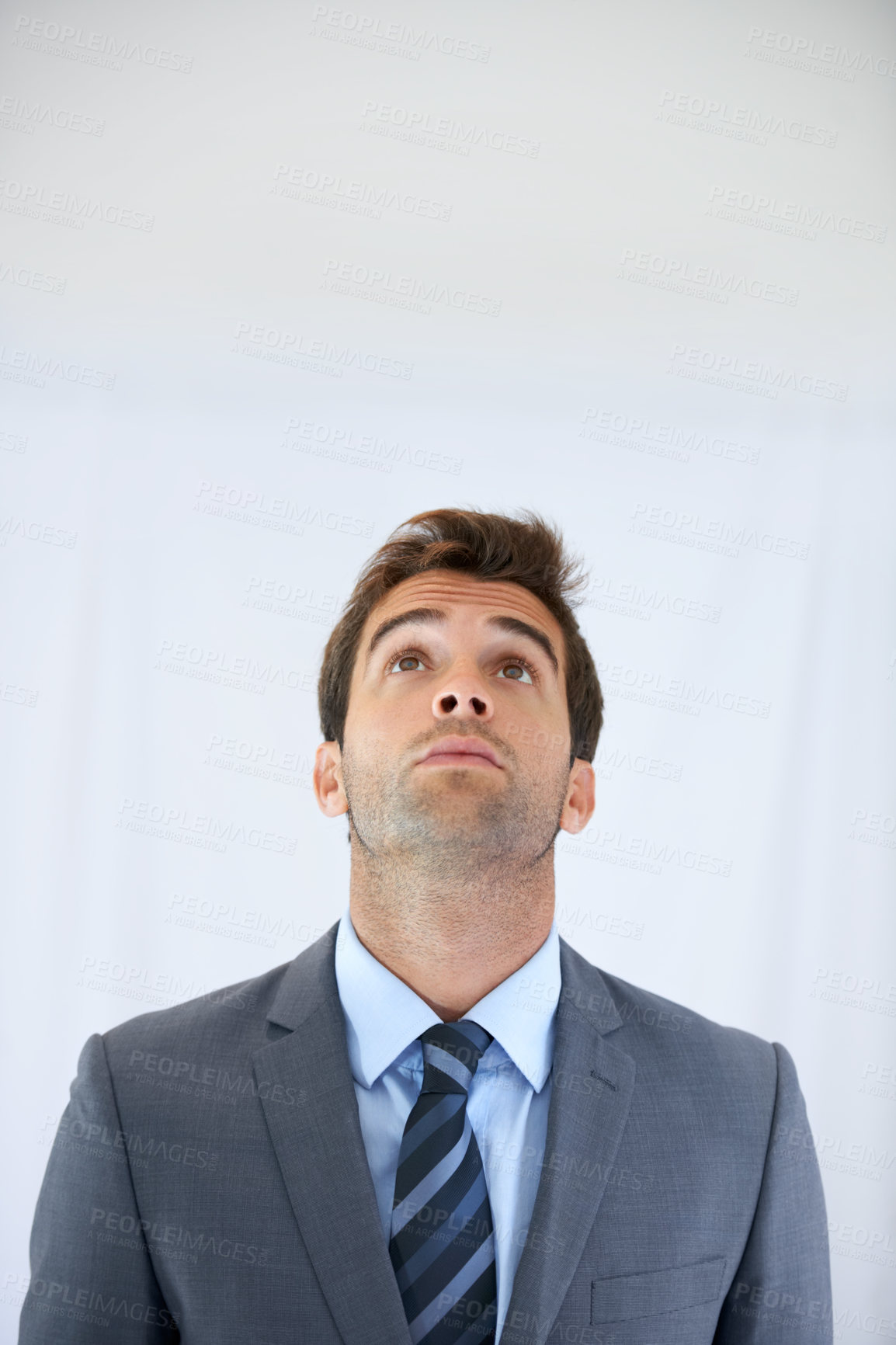 Buy stock photo Thinking, looking up and business man in studio with options, decision and brainstorming ideas. Corporate, professional career and worker for problem solving, solution and choice on white background