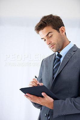 Buy stock photo Businessman, notebook and writing or planning, notes and ideas for mission, company and future. Male person, journal and research or agenda, strategy and brainstorming for project or career goals