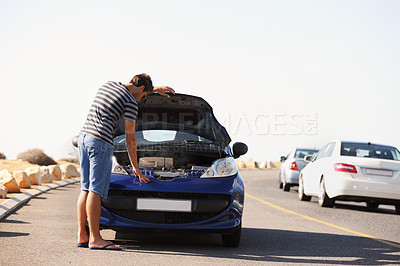 Buy stock photo Breakdown, stress and man with car on road with engine problem, mechanic issue and transport crisis in city. Travel, street and frustrated person for auto repair, motor service or roadside assistance