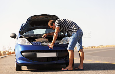 Buy stock photo Broken, stress and man with car on road with engine problem, mechanic issue and transport crisis in city. Travel, street and frustrated person for auto repair, motor service and roadside assistance