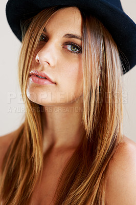 Buy stock photo Hipster, hat and portrait of woman with vintage, fashion and confidence in white background or studio. Retro, style and face of person in old fashioned fedora with makeup, cosmetics and beauty