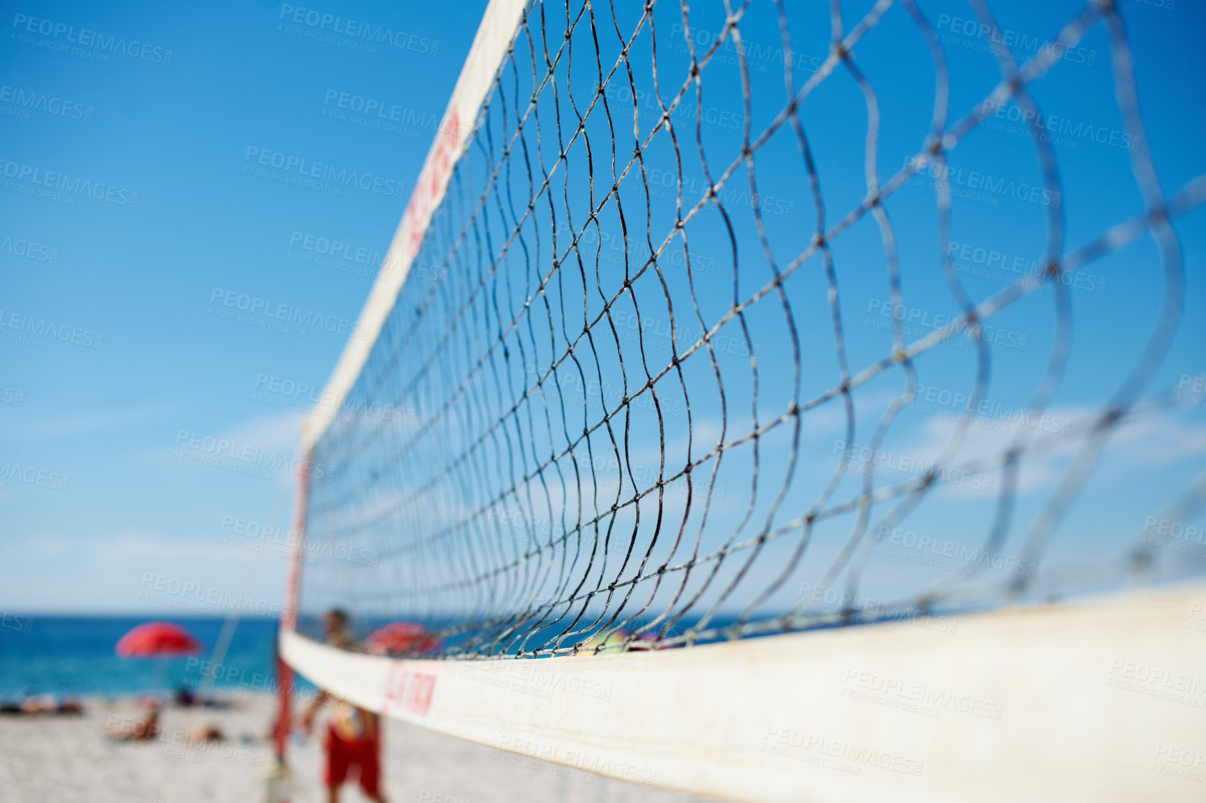 Buy stock photo Volleyball, net and beach with blue sky outdoor for game, competition or match. Ocean, sports netting closeup or sand field for training, exercise and workout, fitness or sea for recreation in summer