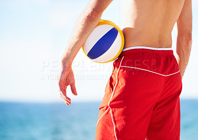 Buy stock photo Beach volleyball, back or sports person with ball for outdoor game, competition or looking at water, ocean or sea waves. Nature sky, freedom or hands of athlete ready for fitness, training or contest