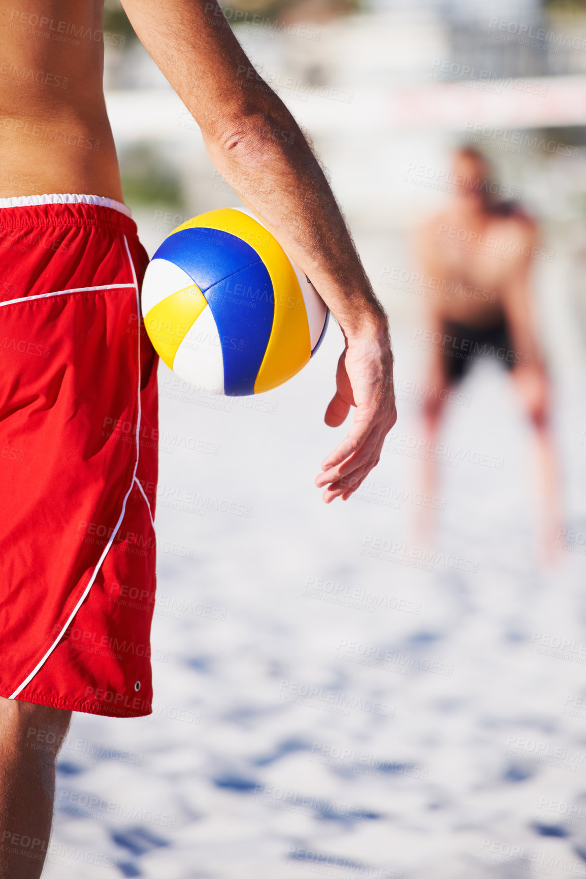 Buy stock photo Beach sand, hand or sports person with volley ball for game, competition or nature challenge. Volleyball practice, closeup or athlete fitness match, exercise or contest with player, opponent or rival