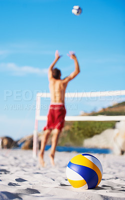 Buy stock photo Sand, sports person and volleyball for beach game, competition or outdoor nature challenge, practice or fitness. Island floor, workout and athlete jump for volley ball in match, exercise or contest
