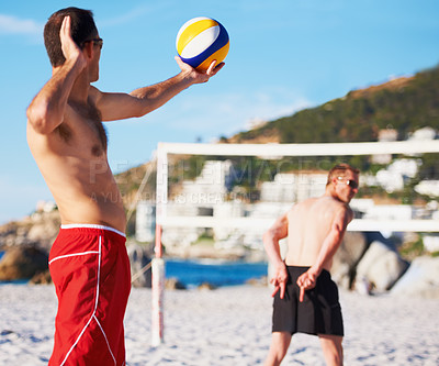 Buy stock photo Beach, volleyball serve and sports team signal in outdoor game, challenge competition or partner practice match. Men, collaboration people and blocked hand sign communication for contest strategy
