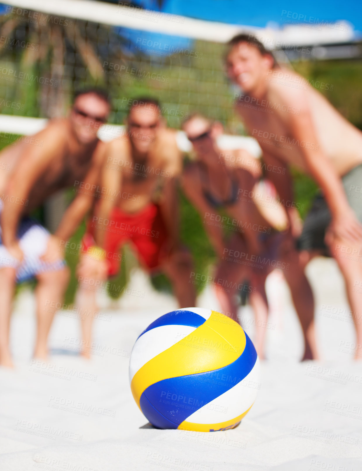 Buy stock photo Beach, volleyball or team with sports ball for outdoor game, competition or collaboration challenge. Nature, sand or group of people, women or athlete men for fitness, exercise or training workout