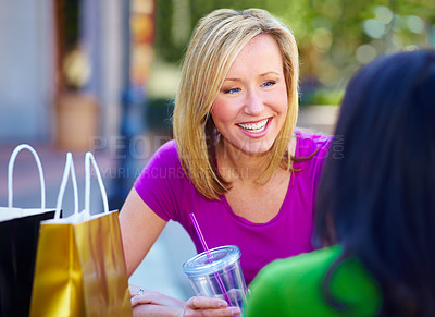 Buy stock photo Shopping, restaurant and woman or friends for social conversation, holiday sale and wealth in city or outdoor. Happy people or customer talking of retail, gift bag and together at cafe or coffee shop
