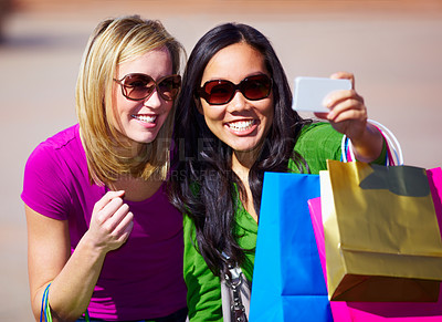 Buy stock photo Happy woman, friends and selfie with shopping bag for fashion, social media or purchase outdoors. Women shoppers with smile for photo, memory or picture moment after purchase spree or eccommerce