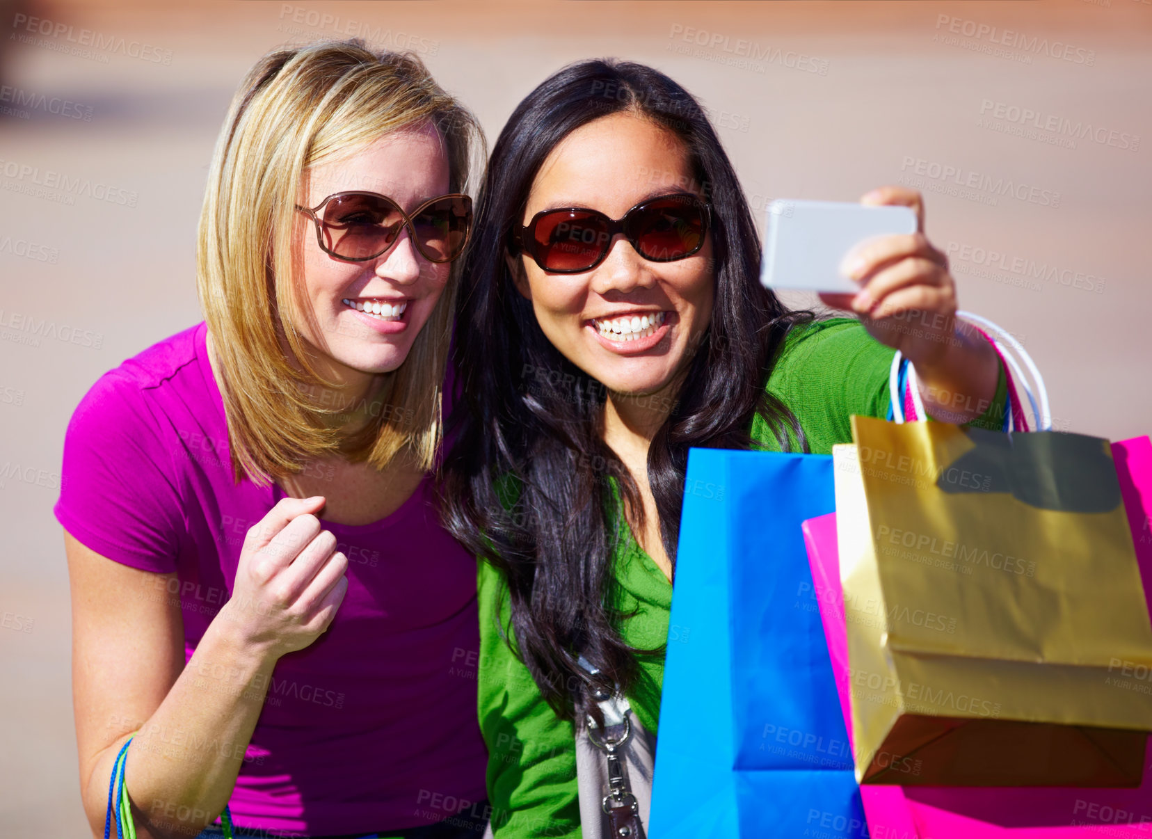 Buy stock photo Happy woman, friends and selfie with shopping bag for fashion, social media or purchase outdoors. Women shoppers with smile for photo, memory or picture moment after purchase spree or eccommerce