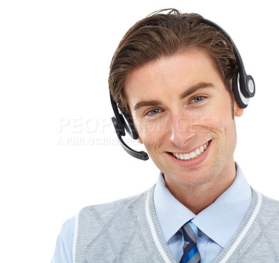 Buy stock photo Telemarketing, call center and portrait of man in studio for customer services, support and advertising mockup. Face of telecom agent, consultant or salesman employee communication or business advice
