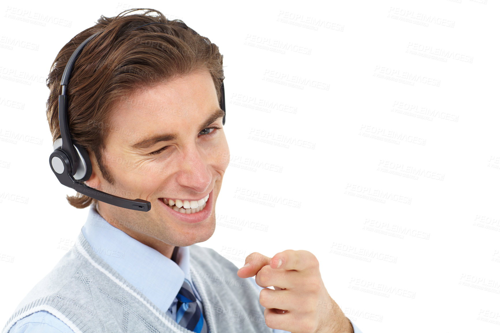 Buy stock photo Confident call center man in studio with success, goals and excellence in customer service, support and mockup. Telemarketing agent, consultant or employee wink with motivation, ok or deal hand sign