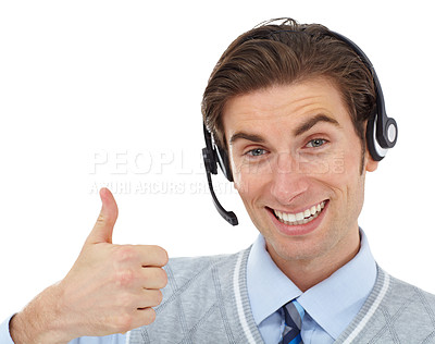 Buy stock photo Contact us, crm worker portrait and thumbs up hand sign of consultant help showing support. Thank you, success and yes hands gesture of customer service employee happy with white background mockup