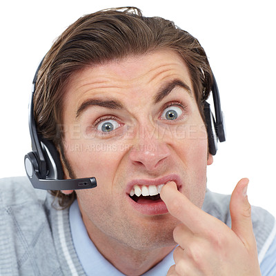 Buy stock photo Call center, portrait and consultant clean his teeth, silly and funny face on white background. Face, humor and goofy young man working in crm, telemarketing or customer service job while isolated