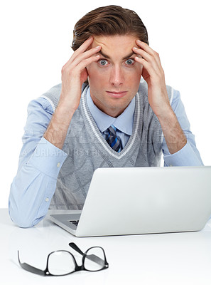Buy stock photo Stress, business man portrait and computer work burnout of a web analytics worker with anxiety. Working, businessman and headache from coding software development with isolated white background