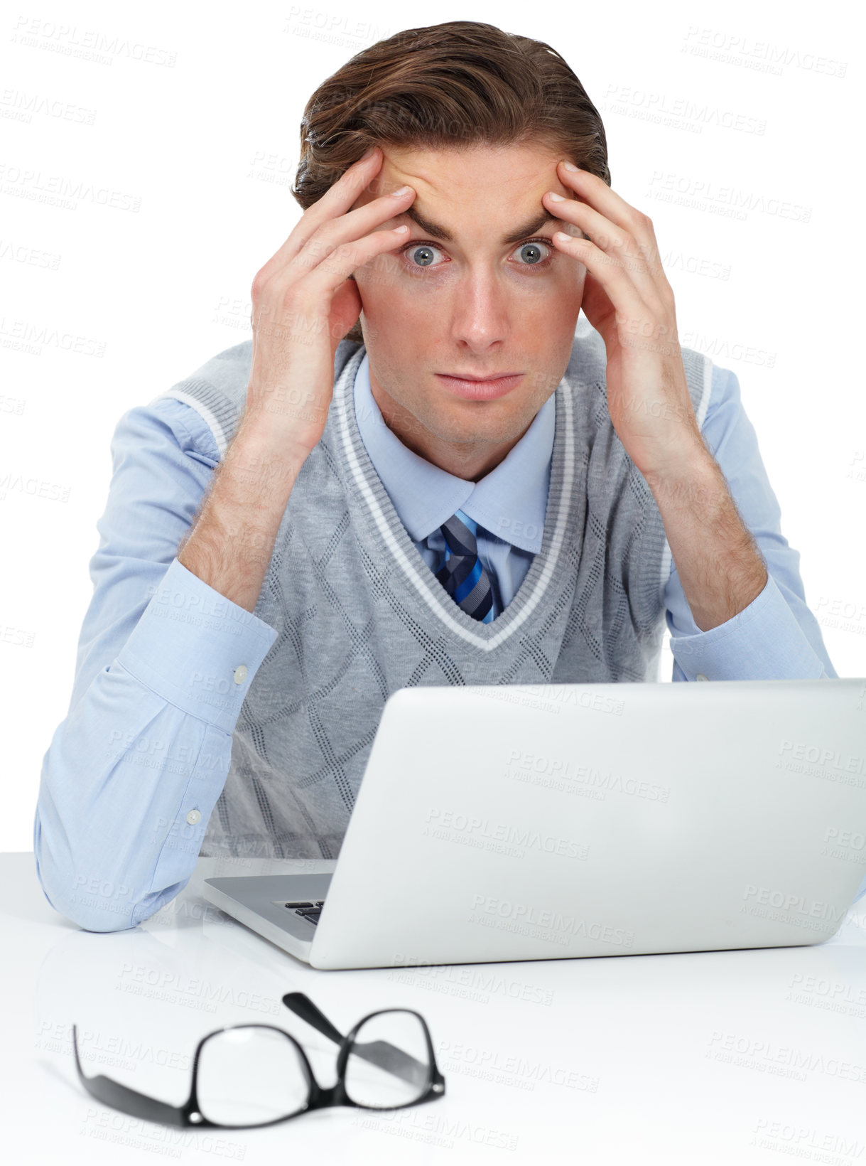 Buy stock photo Stress, business man portrait and computer work burnout of a web analytics worker with anxiety. Working, businessman and headache from coding software development with isolated white background
