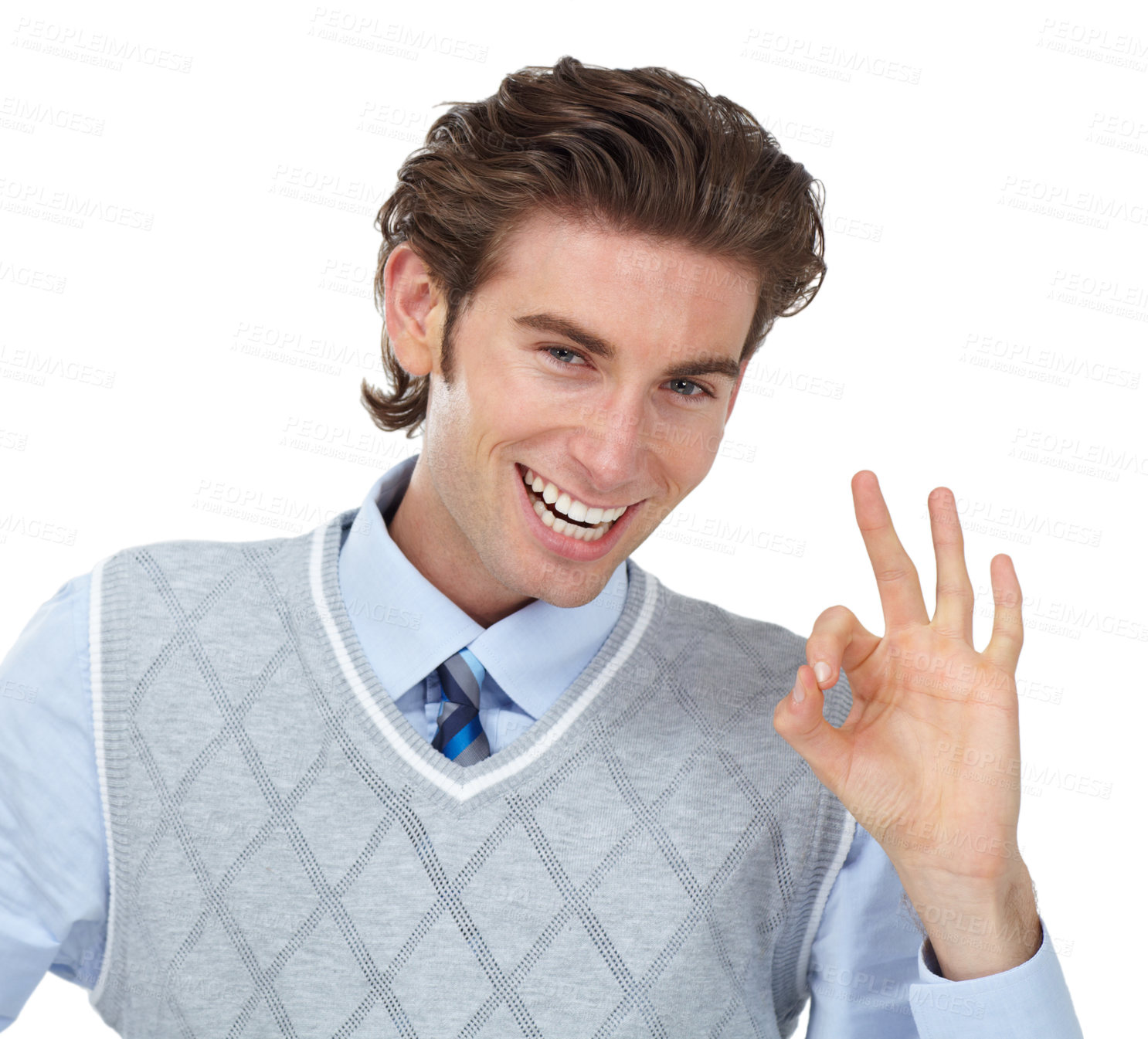 Buy stock photo Hand sign, ok and portrait of man with smile on face, agreement isolated on white background. Motivation, yes and good job finger or okay wow gesture, happy winning businessman with success in studio