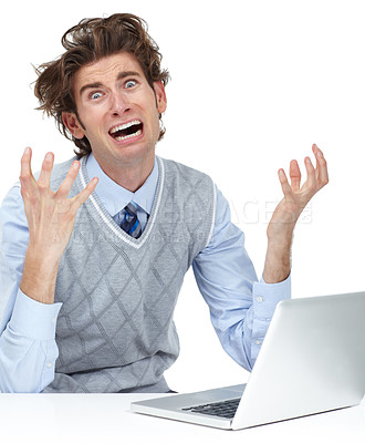 Buy stock photo Businessman, laptop and studio with stress for problem, 404 or IT glitch by white background. Corporate man, computer fail and isolated at software development job in portrait, coding and analytics