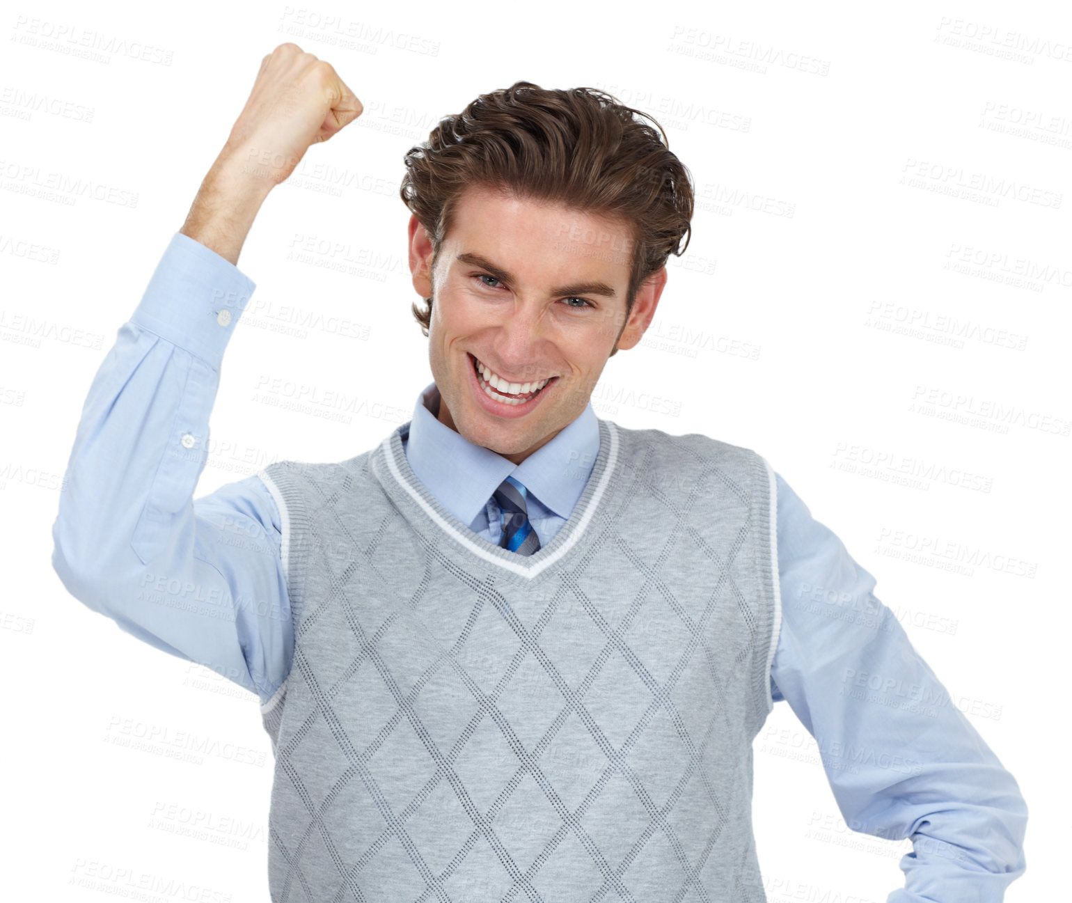 Buy stock photo Winner, celebration and success of business man in studio on a white background. Face, portrait and happy male employee fist pump to celebrate victory, lottery or goal achievement, targets or winning