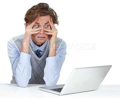 Buy stock photo Anxiety, fear and scared businessman with a laptop reading an email, working stress and frustrated. Burnout, worried and professional employee concerned about news on a computer on a white background
