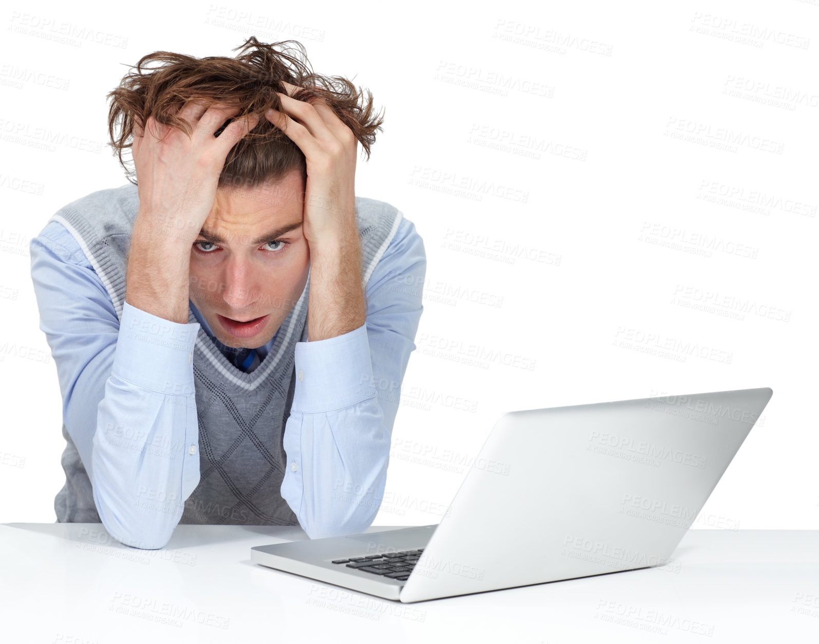 Buy stock photo Stress, headache and businessman on laptop, white background and 404 technology glitch. Tired worker with burnout, computer virus and mistake in studio with anxiety, crisis and confused tax problem