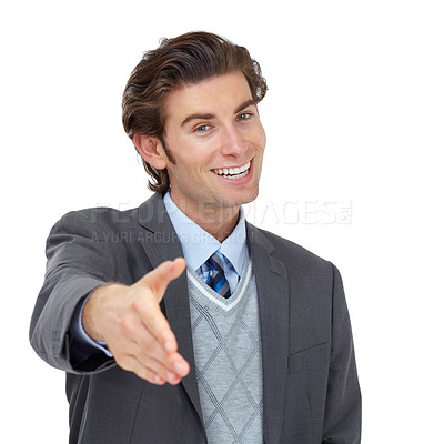 Buy stock photo Portrait, business man and handshake in studio isolated on a white background. Face, greeting and male entrepreneur shaking hands for deal, agreement or contract, onboarding or welcome introduction.