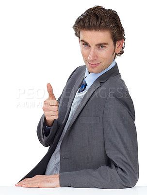 Buy stock photo Portrait, thumbs up and motivation with a business man in studio on a white background to say thank you. Success, winner and face with a male employee giving his vote with a hand sign or emoji