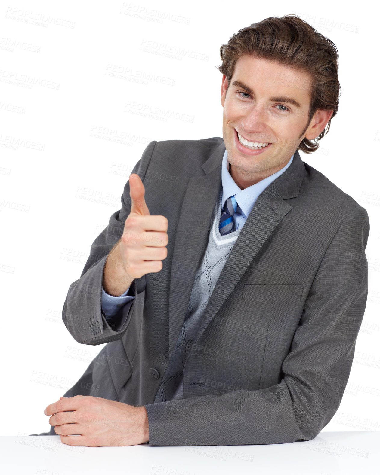 Buy stock photo Portrait, thumbs up and business man in studio isolated on a white background. Face, entrepreneur and male employee with thumbsup hand gesture for success, support or motivation, yes or like emoji.