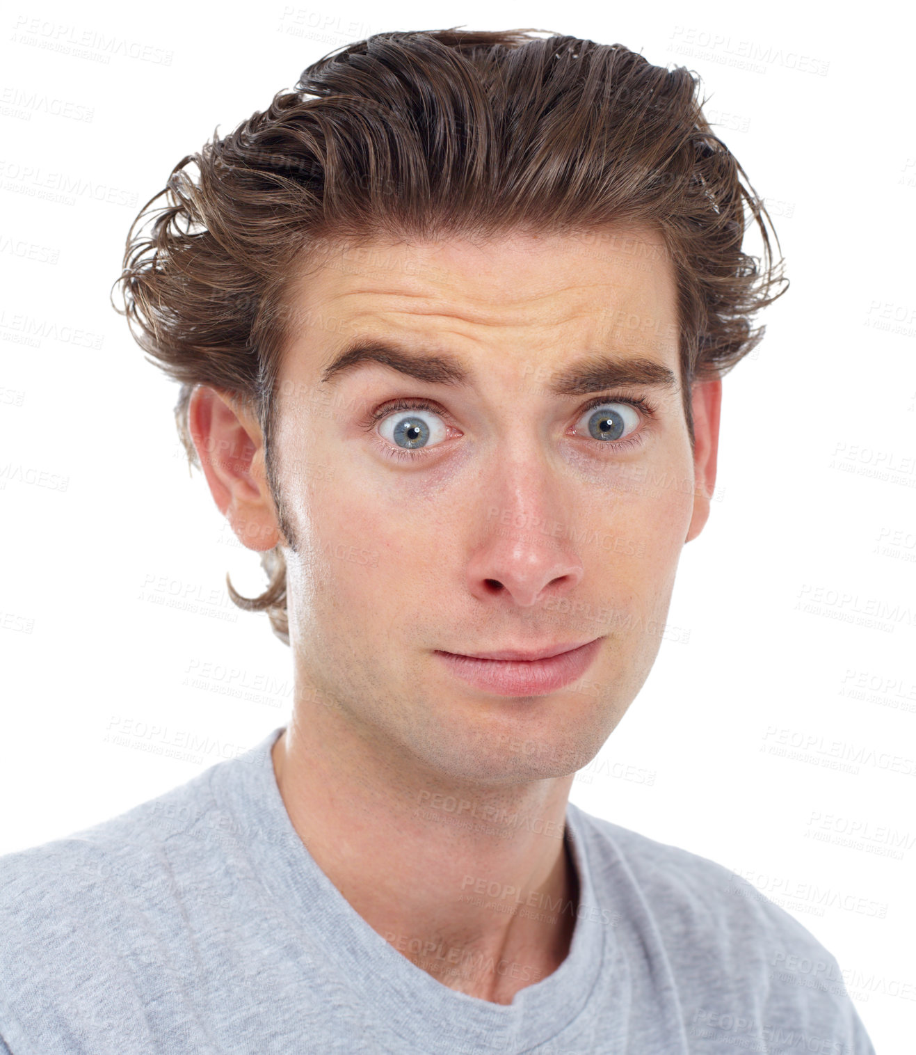 Buy stock photo Surprise, suspicious and portrait of a man in a studio with a raised eyebrow and shocked face expression. Curious, confused and male model with a wtf surprised face isolated by a white background.