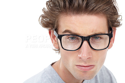 Buy stock photo Nerd, portrait or glasses for questions, confused or doubt face expression by white background on studio space. Closeup, man or curious for vision, optometry or fashion frame choice for eyes solution
