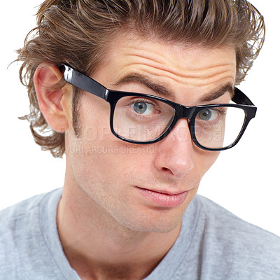 Buy stock photo Man, portrait and glasses for curious, confused and doubt face expression by white background in studio. Closeup, nerd and questions for vision, optometry and fashion frame choice for eyes solution