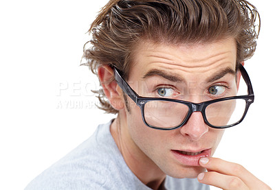 Buy stock photo Surprised, glasses and man in shock or anxiety, worried face  and isolated closeup on white studio background. Omg, wow or wtf and nerd looking confused with doubt, fear or worry, stress or shock