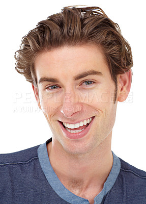 Buy stock photo Happy, smile and portrait of a man in a studio with a positive, confident and good mindset. Happiness, confidence and headshot face of a handsome, young and male model isolated by a white background.