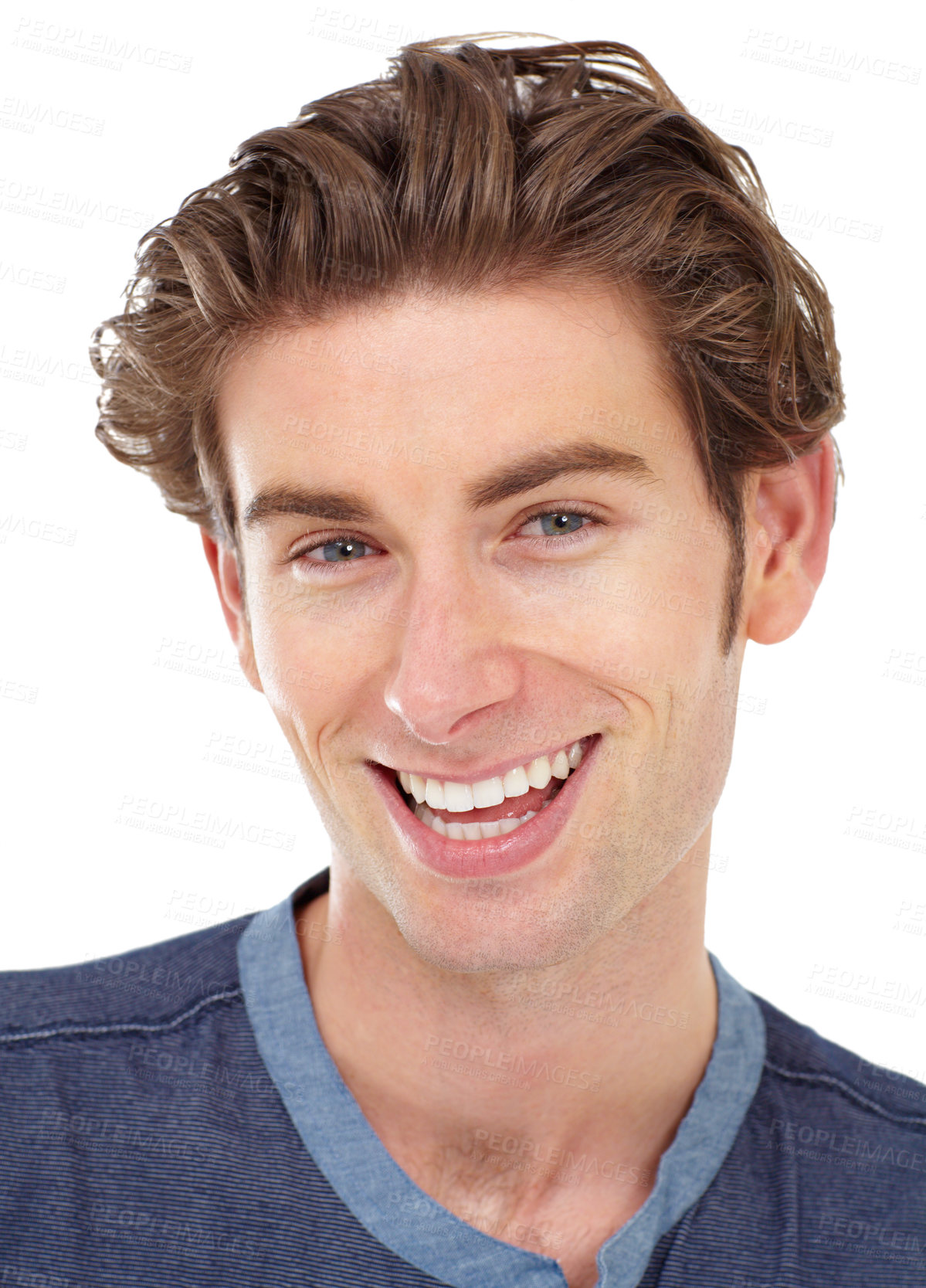 Buy stock photo Happy, smile and portrait of a man in a studio with a positive, confident and good mindset. Happiness, confidence and headshot face of a handsome, young and male model isolated by a white background.