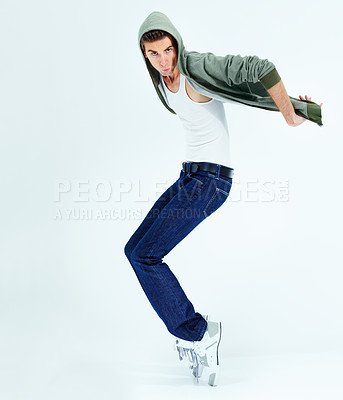 Buy stock photo Dance, hip hop and portrait of man in studio for performance, music and cool. Balance, happy and fashion with male dancer isolated on white background for energy, hipster and urban style mockup