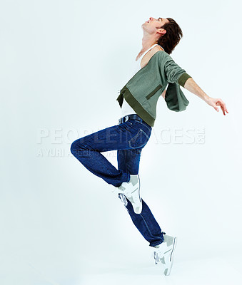 Buy stock photo Man, jump and dance in the air for happiness with action, movement and balance of body isolated on white studio background. Male ballet dancer, happy and free with energy or dancing to music for fun