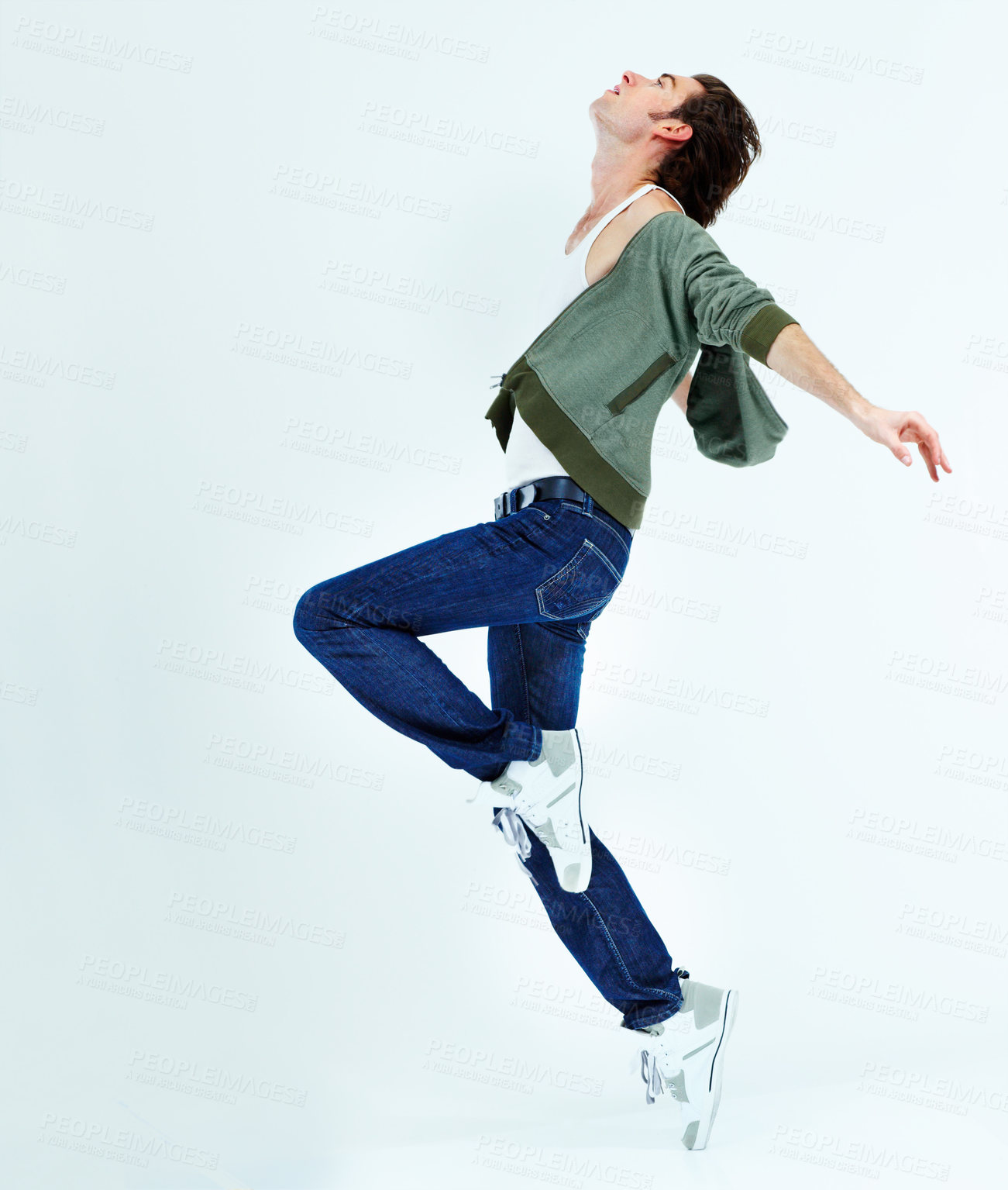 Buy stock photo Man, jump and dance in the air for happiness with action, movement and balance of body isolated on white studio background. Male ballet dancer, happy and free with energy or dancing to music for fun