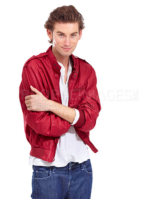 Buy stock photo Portrait, fashion and trendy casual male model in a studio or white background. Quirky or funky, isolated person with arms crossed with focus and happy or confident man promote or market clothing