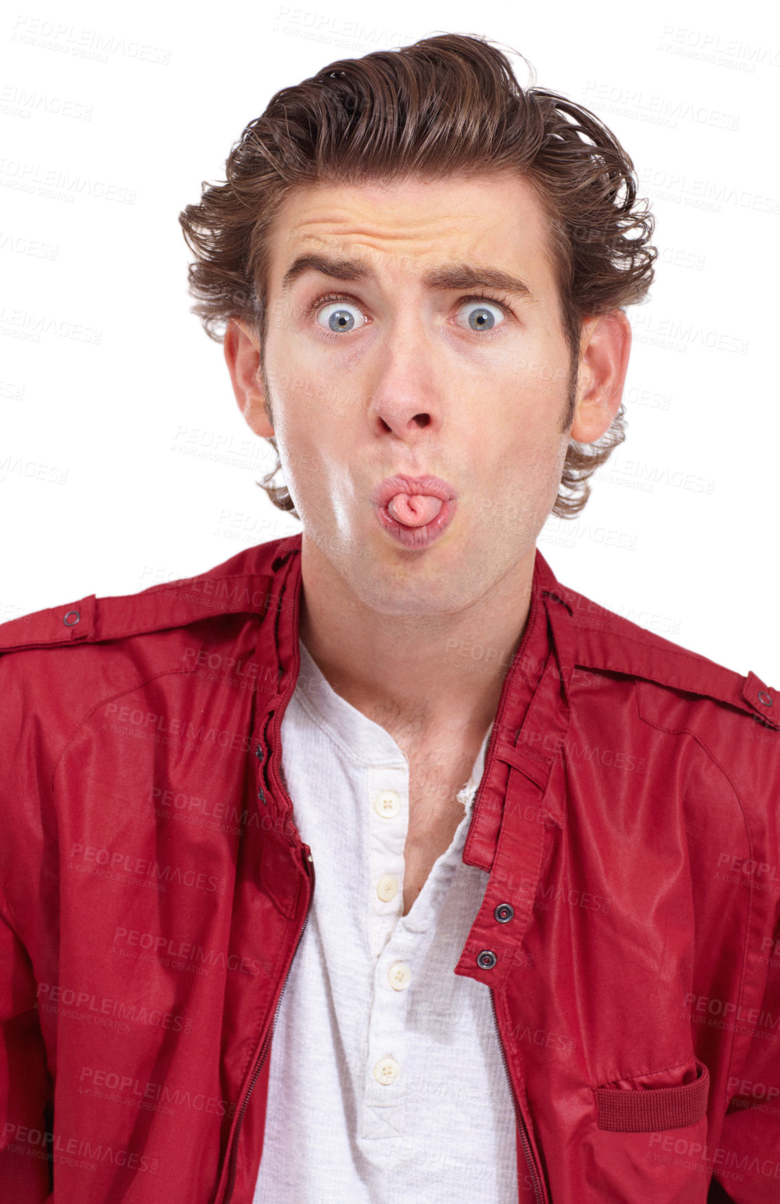 Buy stock photo Silly, tongue out and portrait of a man with funny joke and comedy face gesture in a studio. Modern, quirky and hipster fashion of a male model with fun and playful in a white background with outfit