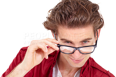 Buy stock photo Face, closeup portrait of man with glasses and in a studio or white background. Positive attitude, cool and isolated male fashion model removing spectacles with confident and flirty smirk.
