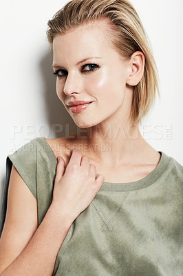 Buy stock photo Portrait, woman and fashion with makeup in studio for trendy, modern or edgy style on white background. Swedish model person, confident and smile for cool clothes and glowing skin with cosmetics